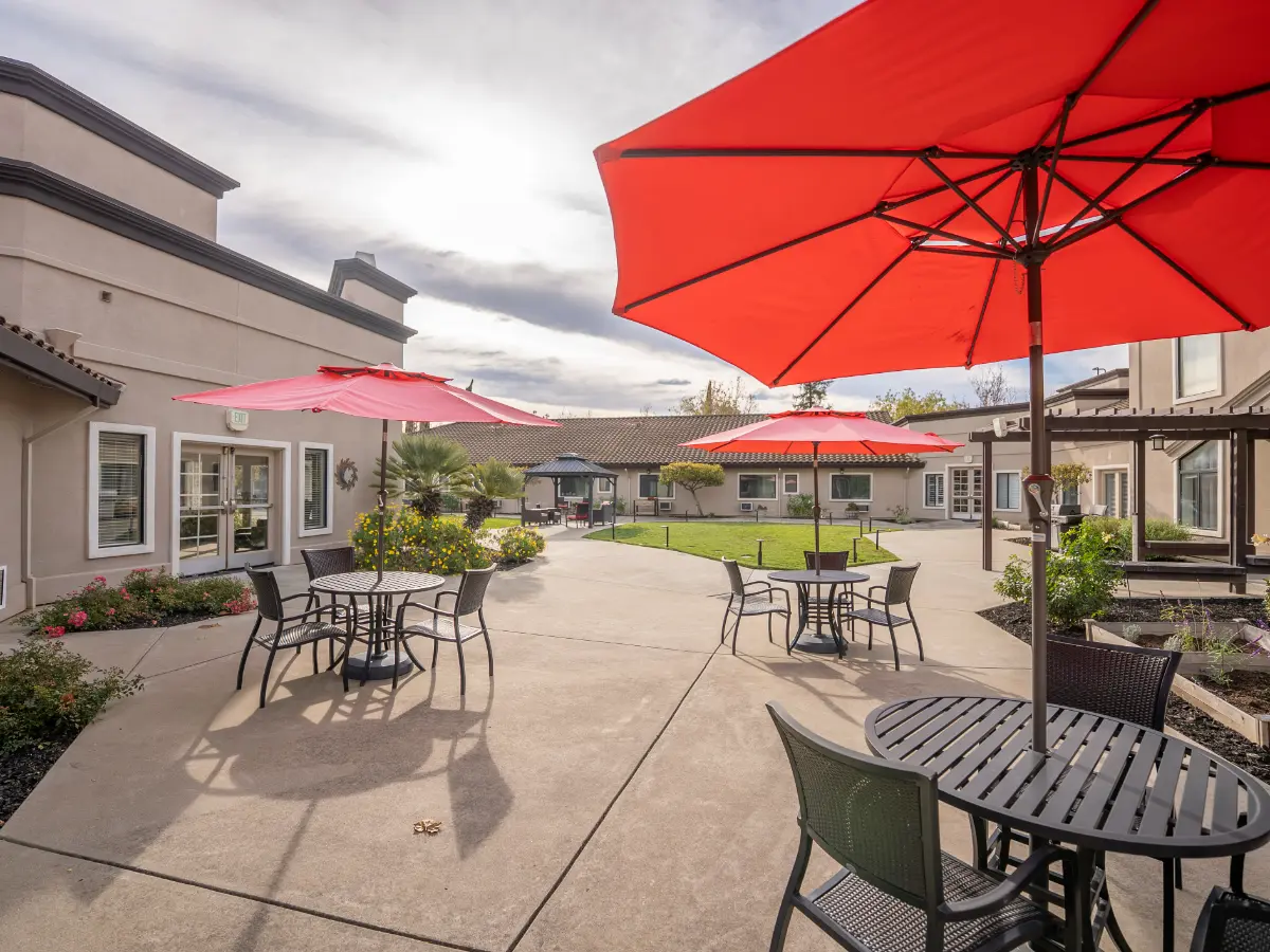 Carefield Pleasanton memory care senior living community outdoor patio in Pleasanton CA
