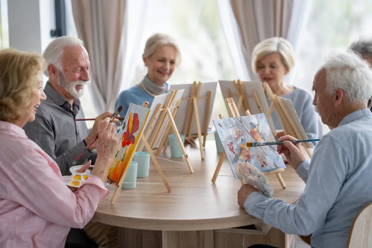 Community connections senior living painting activity with Park Visalia staff and local guests