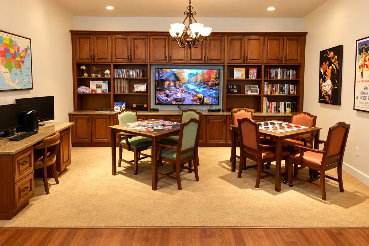 The activity lounge at Ojai Meadows Senior Living featuring game tables, a TV, and a computer area.